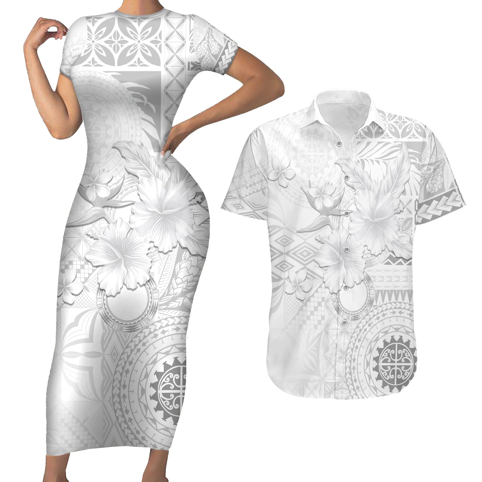 Samoa Siapo Pattern With White Hibiscus Couples Matching Short Sleeve Bodycon Dress and Hawaiian Shirt LT05 White - Polynesian Pride