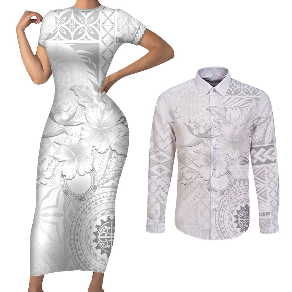 Samoa Siapo Pattern With White Hibiscus Couples Matching Short Sleeve Bodycon Dress and Long Sleeve Button Shirt LT05