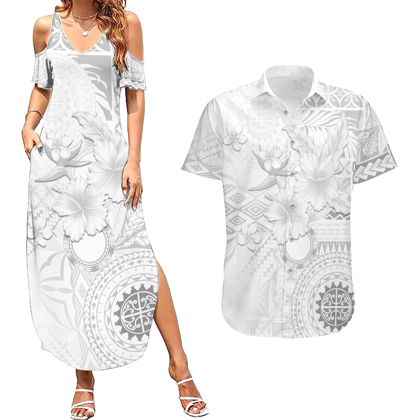 Samoa Siapo Pattern With White Hibiscus Couples Matching Summer Maxi Dress and Hawaiian Shirt LT05 White - Polynesian Pride