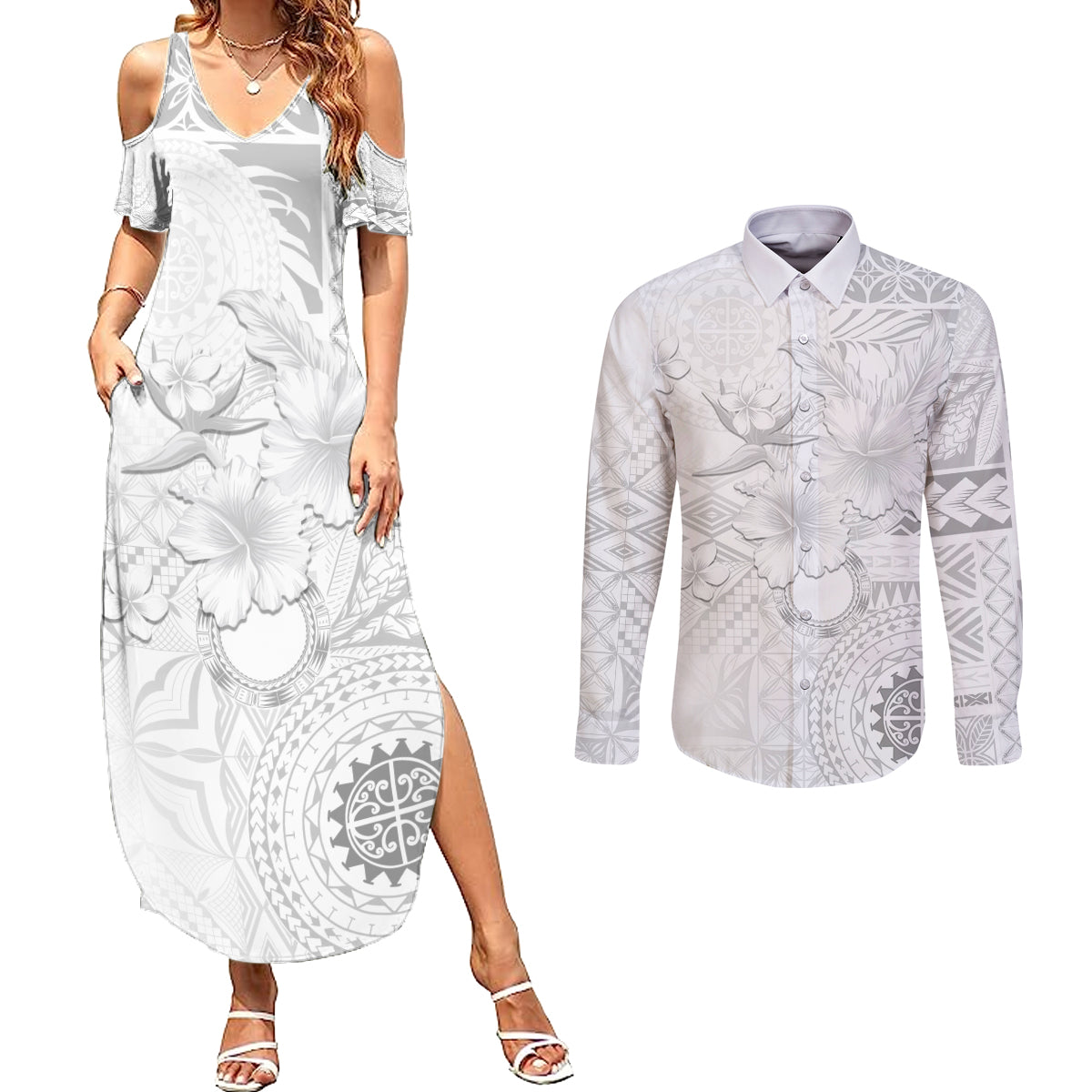 Samoa Siapo Pattern With White Hibiscus Couples Matching Summer Maxi Dress and Long Sleeve Button Shirt LT05 White - Polynesian Pride