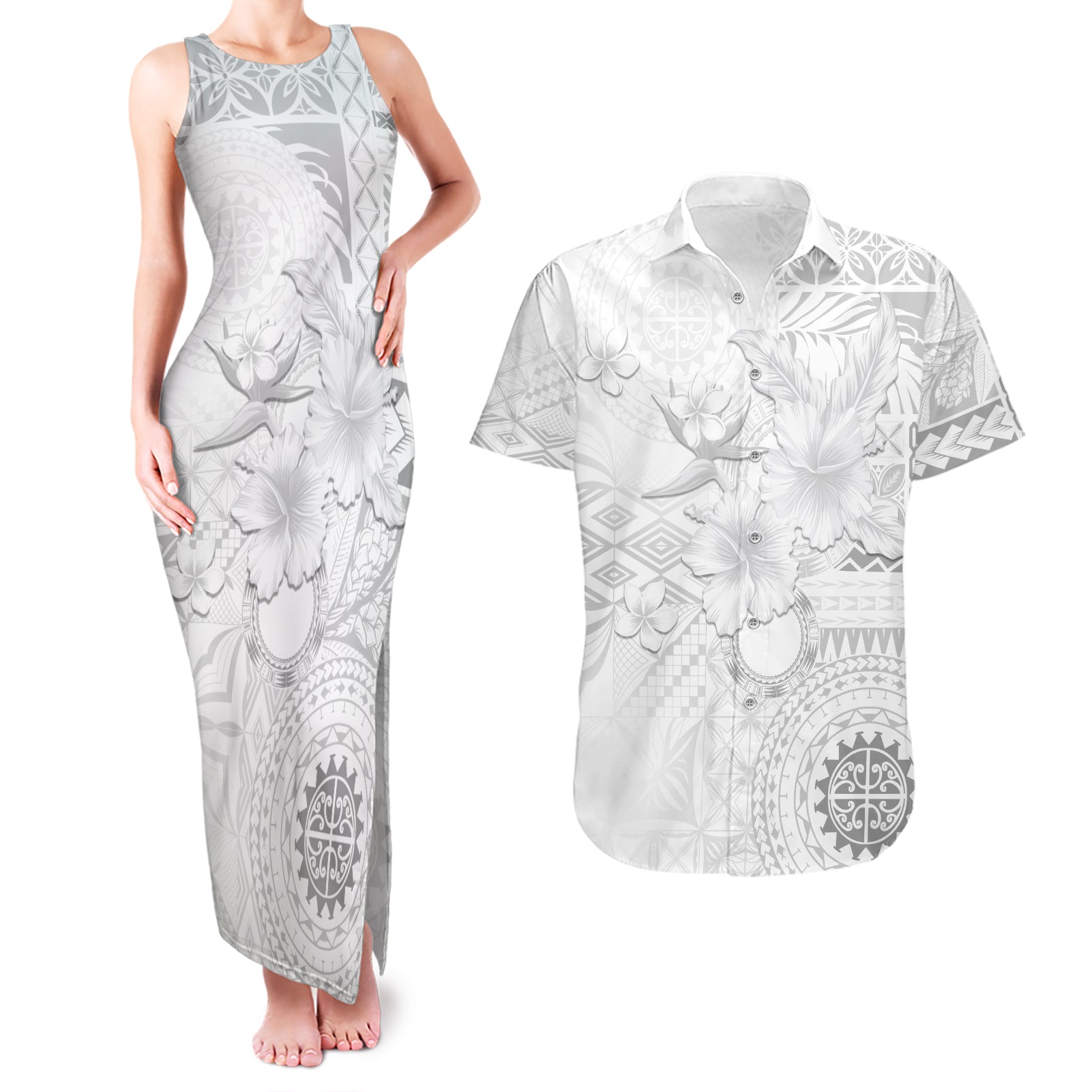 Samoa Siapo Pattern With White Hibiscus Couples Matching Tank Maxi Dress and Hawaiian Shirt LT05 White - Polynesian Pride