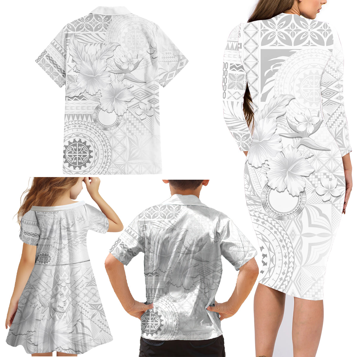 Samoa Siapo Pattern With White Hibiscus Family Matching Long Sleeve Bodycon Dress and Hawaiian Shirt LT05 - Polynesian Pride