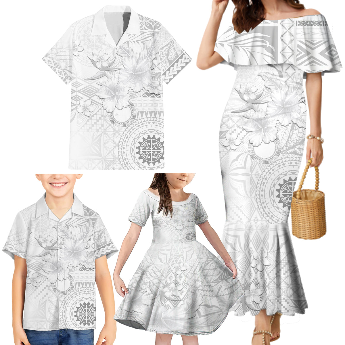 Samoa Siapo Pattern With White Hibiscus Family Matching Mermaid Dress and Hawaiian Shirt LT05 - Polynesian Pride