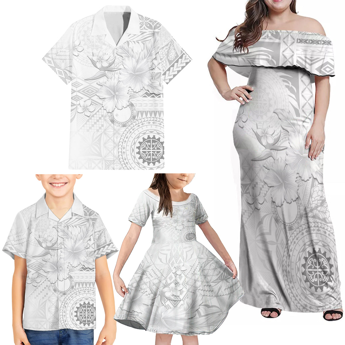 Samoa Siapo Pattern With White Hibiscus Family Matching Off Shoulder Maxi Dress and Hawaiian Shirt LT05 - Polynesian Pride