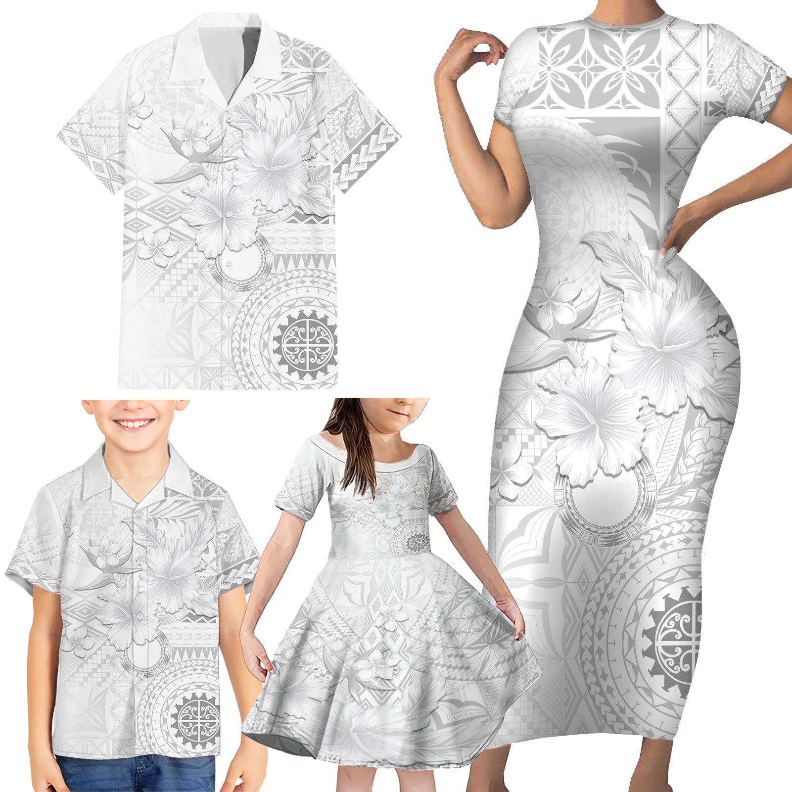 Samoa Siapo Pattern With White Hibiscus Family Matching Short Sleeve Bodycon Dress and Hawaiian Shirt LT05 - Polynesian Pride