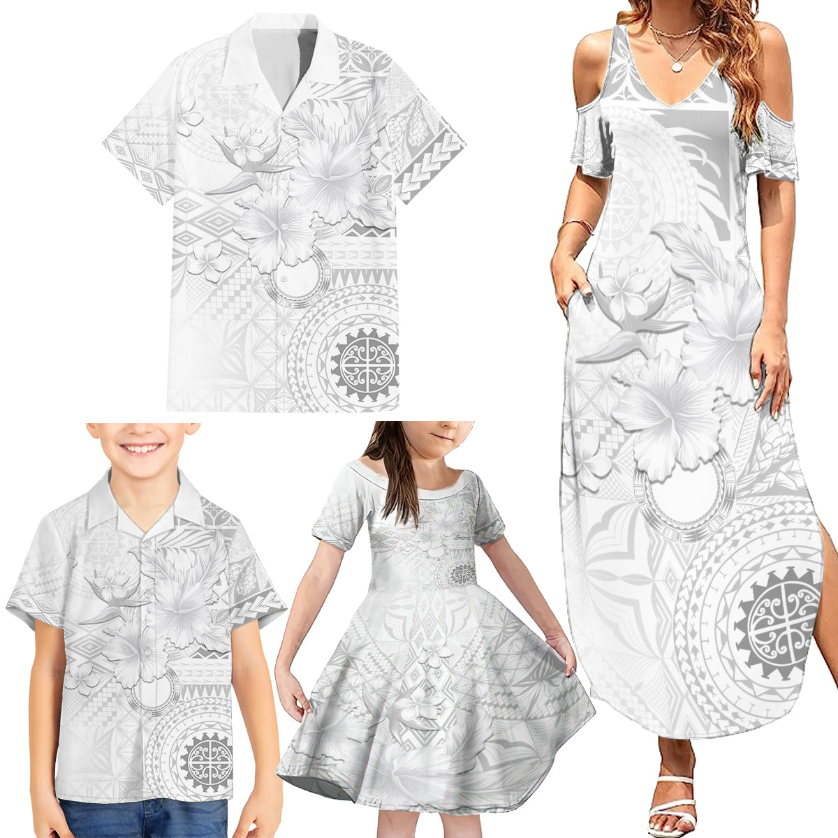 Samoa Siapo Pattern With White Hibiscus Family Matching Summer Maxi Dress and Hawaiian Shirt LT05 - Polynesian Pride