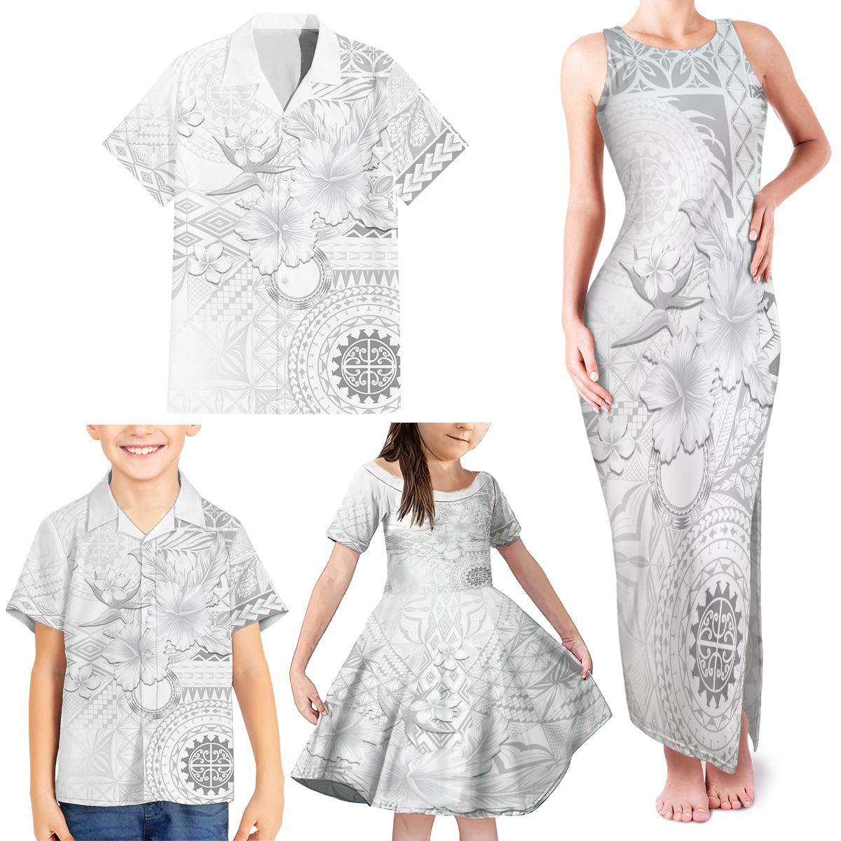 Samoa Siapo Pattern With White Hibiscus Family Matching Tank Maxi Dress and Hawaiian Shirt LT05 - Polynesian Pride