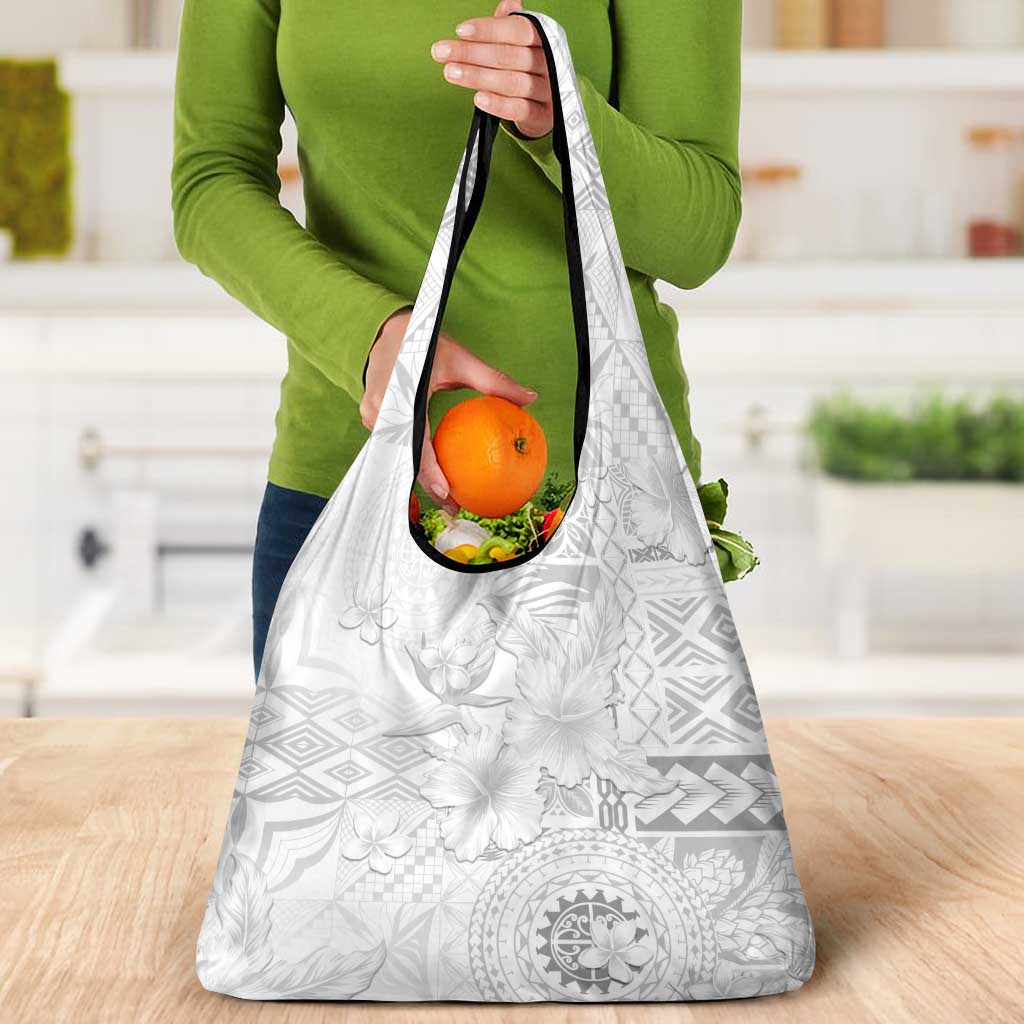 Samoa Siapo Pattern With White Hibiscus Grocery Bag LT05 - Polynesian Pride