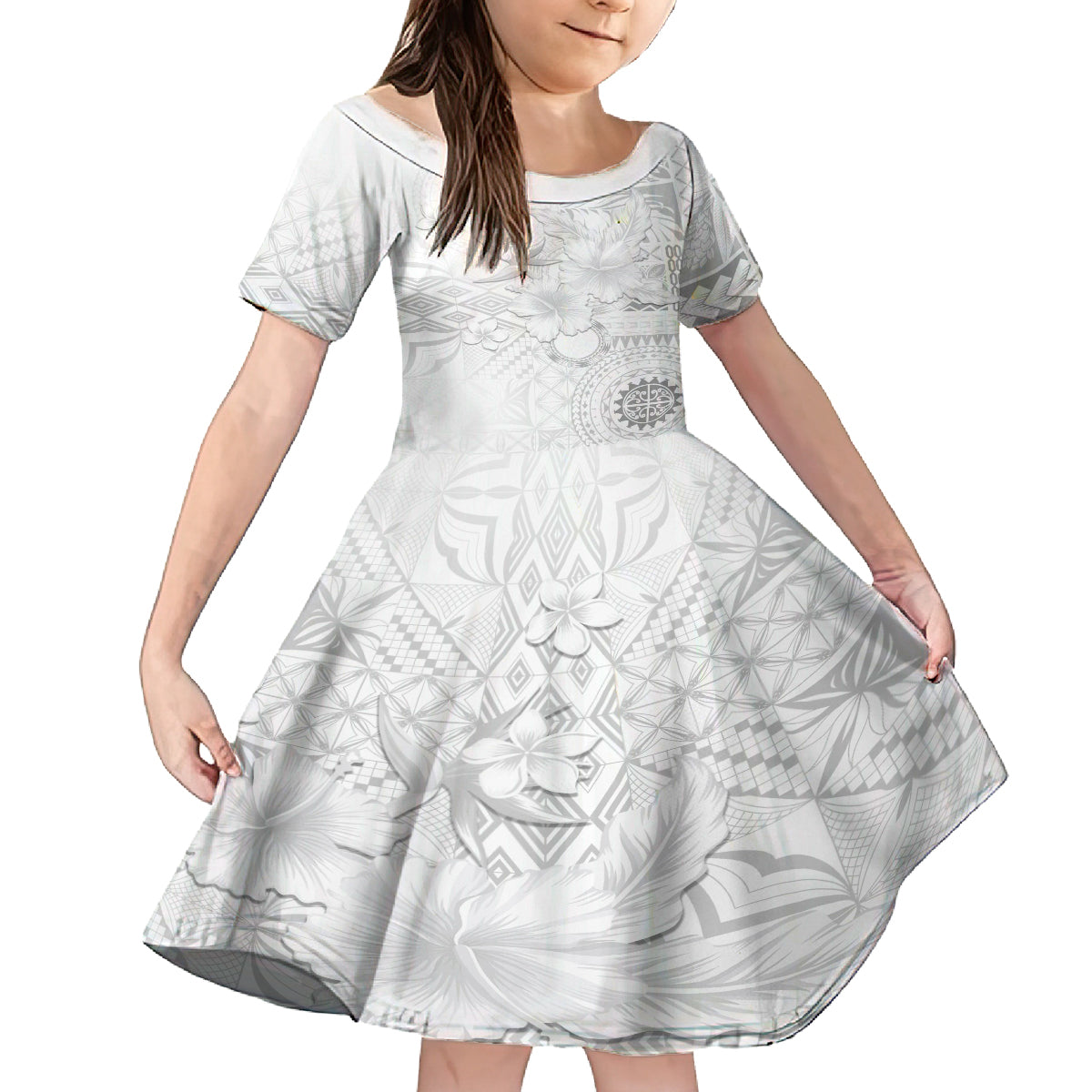 Samoa Siapo Pattern With White Hibiscus Kid Short Sleeve Dress LT05 KID White - Polynesian Pride