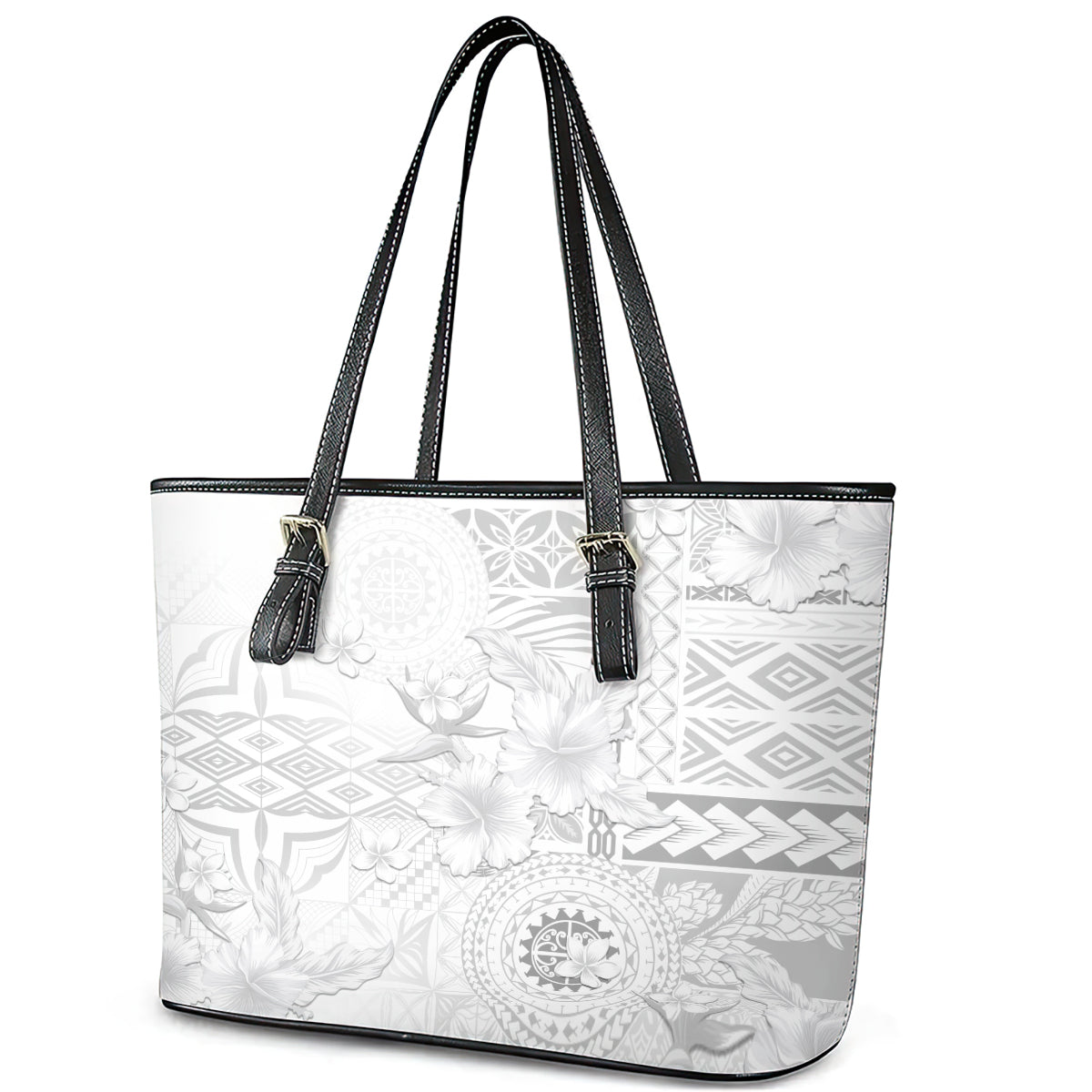 Samoa Siapo Pattern With White Hibiscus Leather Tote Bag