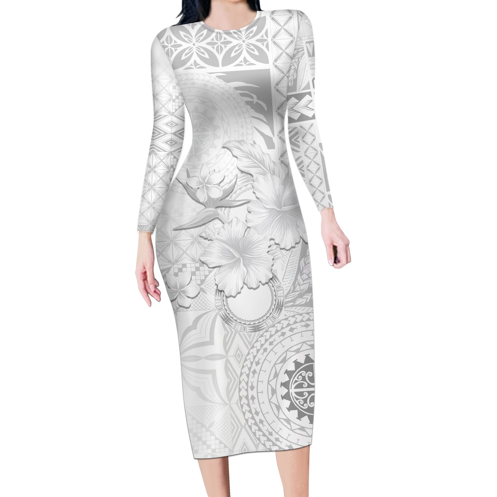 Samoa Siapo Pattern With White Hibiscus Long Sleeve Bodycon Dress LT05 Long Dress White - Polynesian Pride