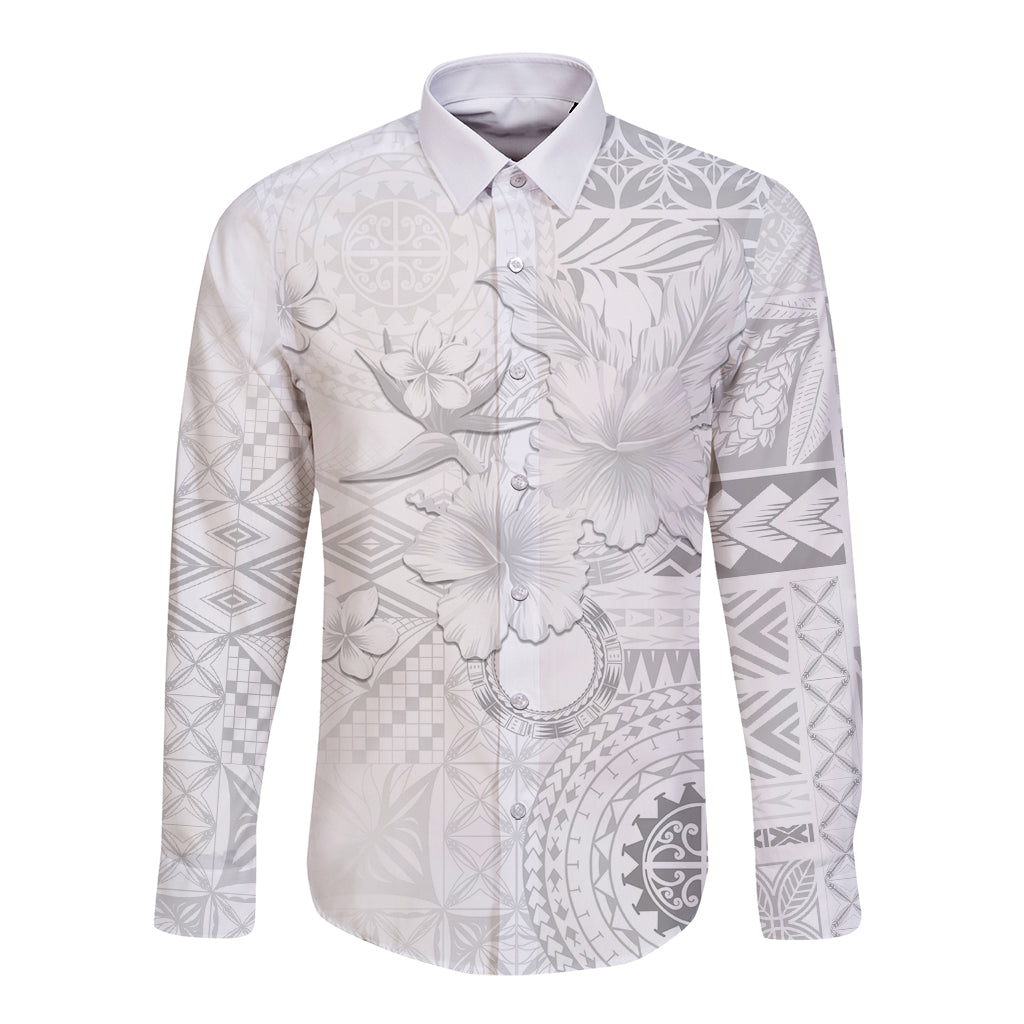 Samoa Siapo Pattern With White Hibiscus Long Sleeve Button Shirt LT05 Unisex White - Polynesian Pride