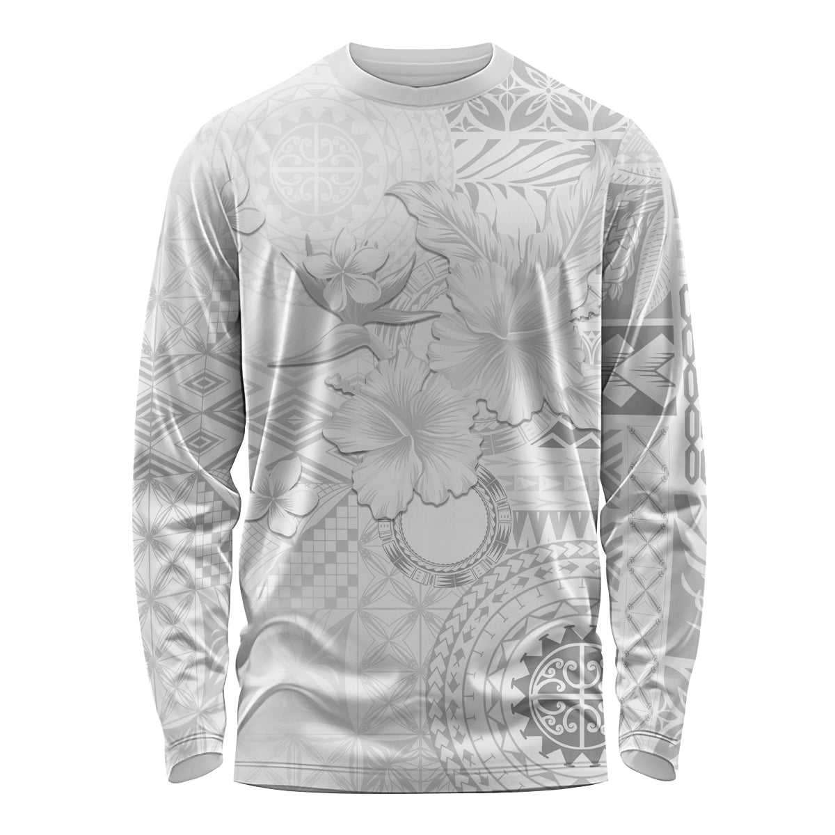 Samoa Siapo Pattern With White Hibiscus Long Sleeve Shirt LT05 Unisex White - Polynesian Pride