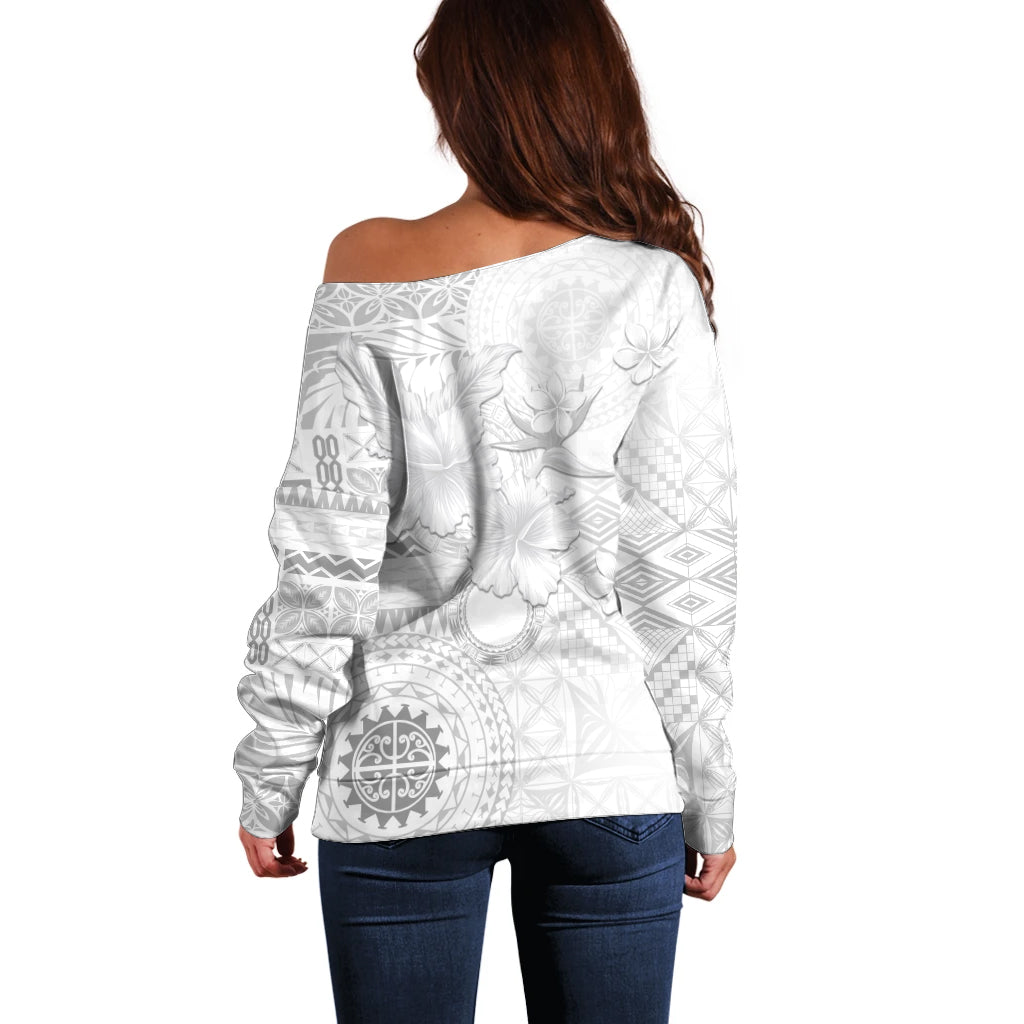 Samoa Siapo Pattern With White Hibiscus Off Shoulder Sweater LT05 - Polynesian Pride
