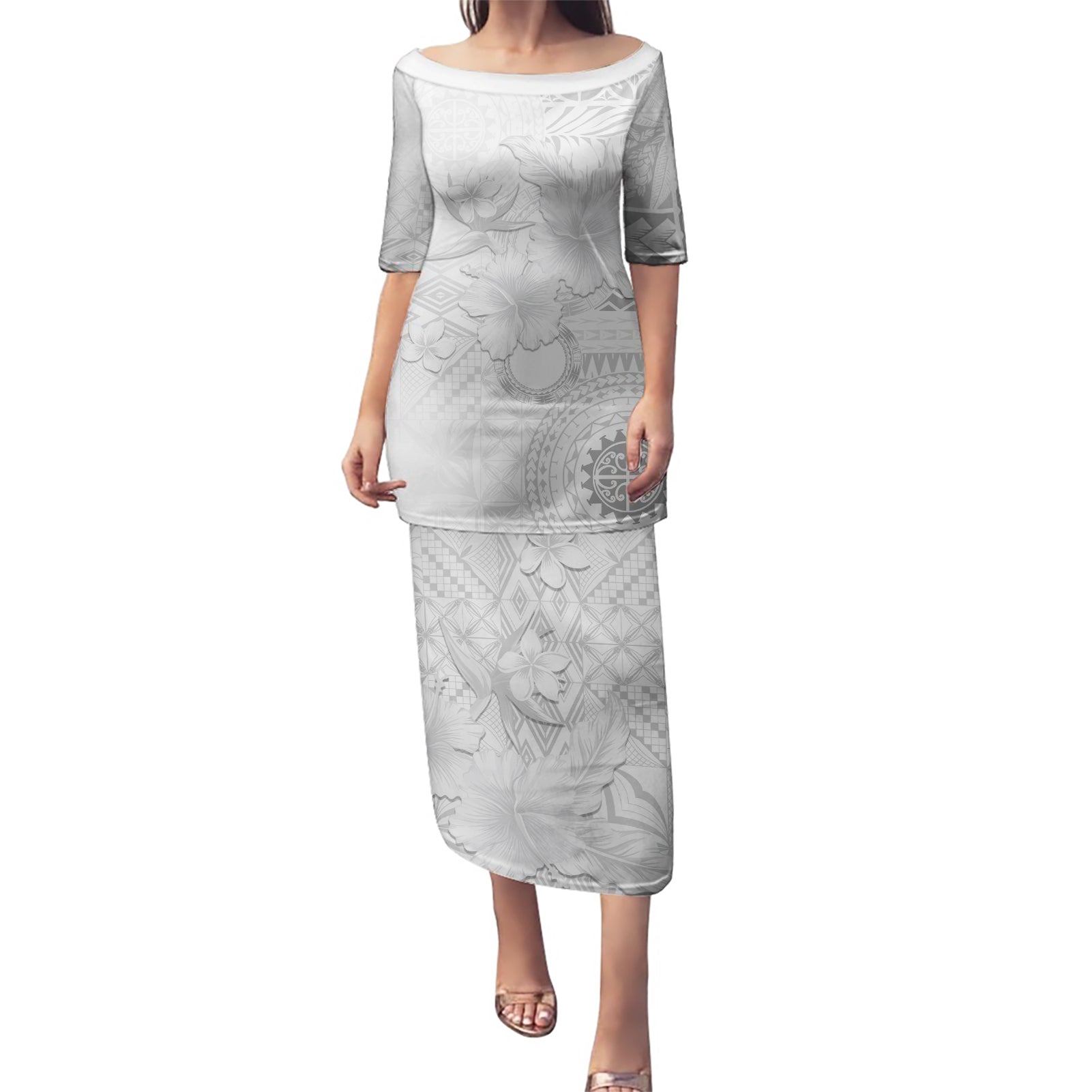 Samoa Siapo Pattern With White Hibiscus Puletasi LT05 Long Dress White - Polynesian Pride