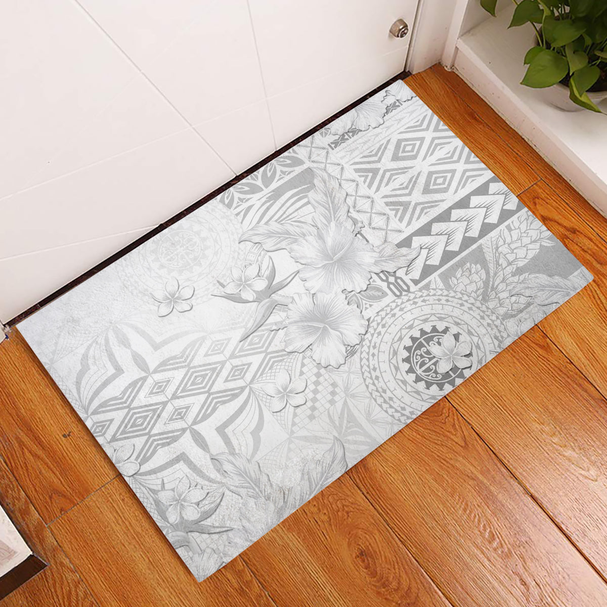 Samoa Siapo Pattern With White Hibiscus Rubber Doormat