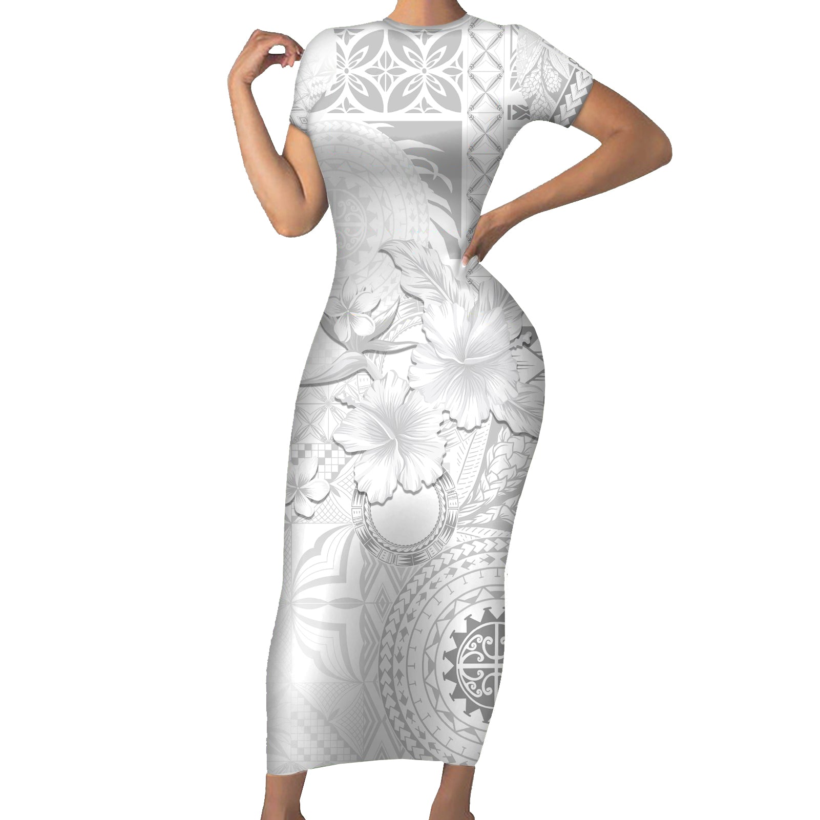 Samoa Siapo Pattern With White Hibiscus Short Sleeve Bodycon Dress LT05 Long Dress White - Polynesian Pride