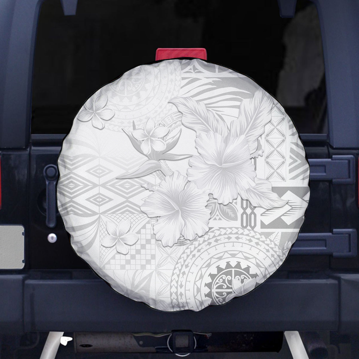 Samoa Siapo Pattern With White Hibiscus Spare Tire Cover
