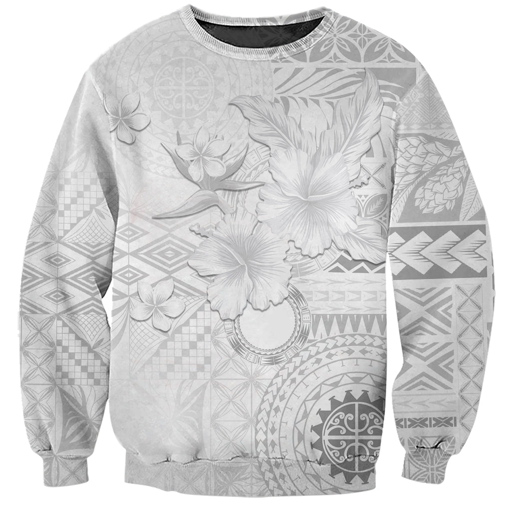 Samoa Siapo Pattern With White Hibiscus Sweatshirt LT05 Unisex White - Polynesian Pride