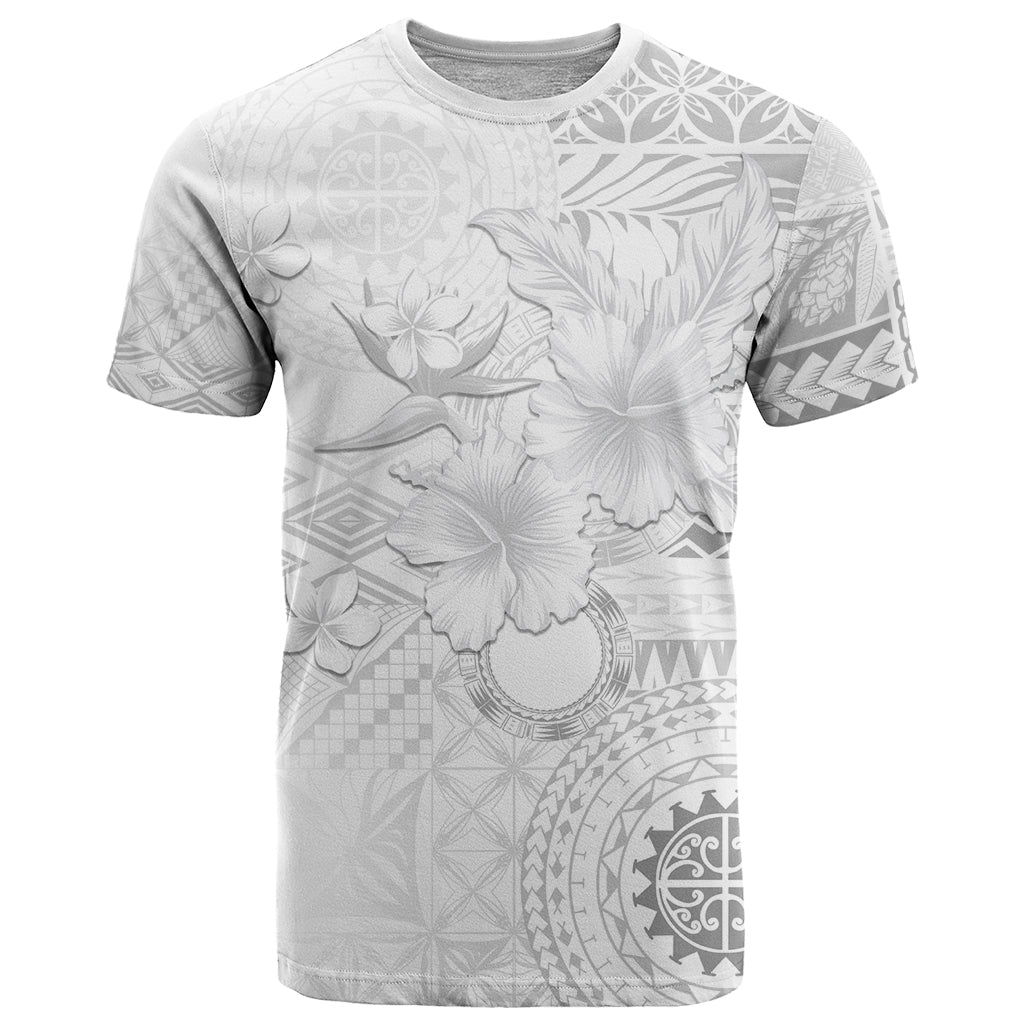 Samoa Siapo Pattern With White Hibiscus T Shirt LT05 White - Polynesian Pride