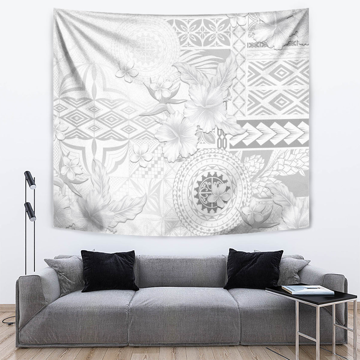 Samoa Siapo Pattern With White Hibiscus Tapestry