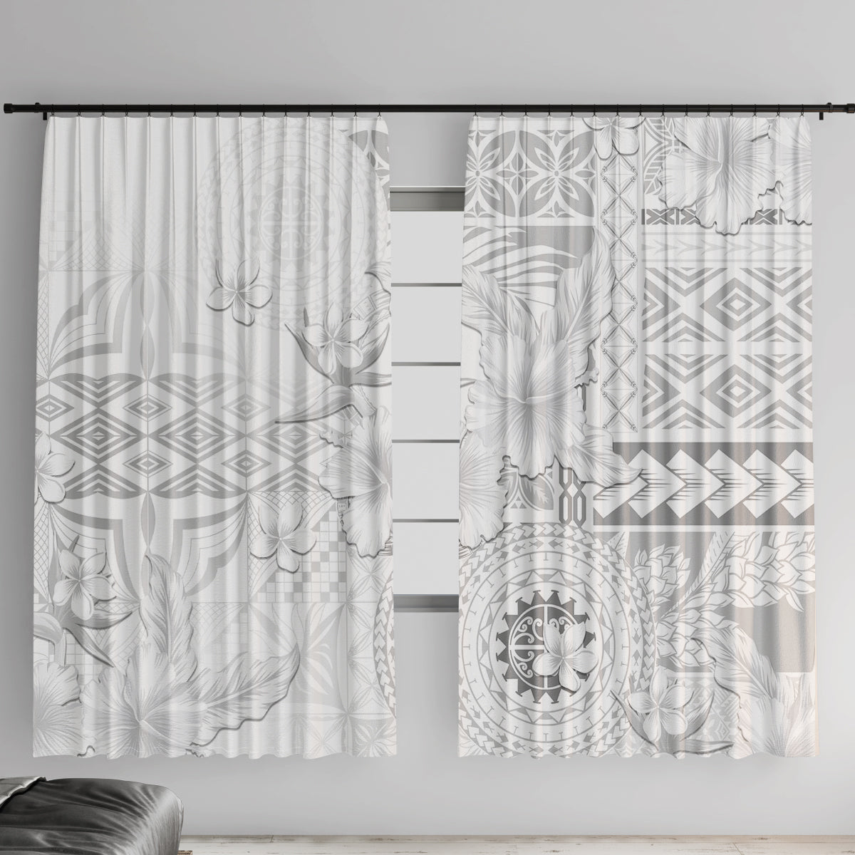 Samoa Siapo Pattern With White Hibiscus Window Curtain