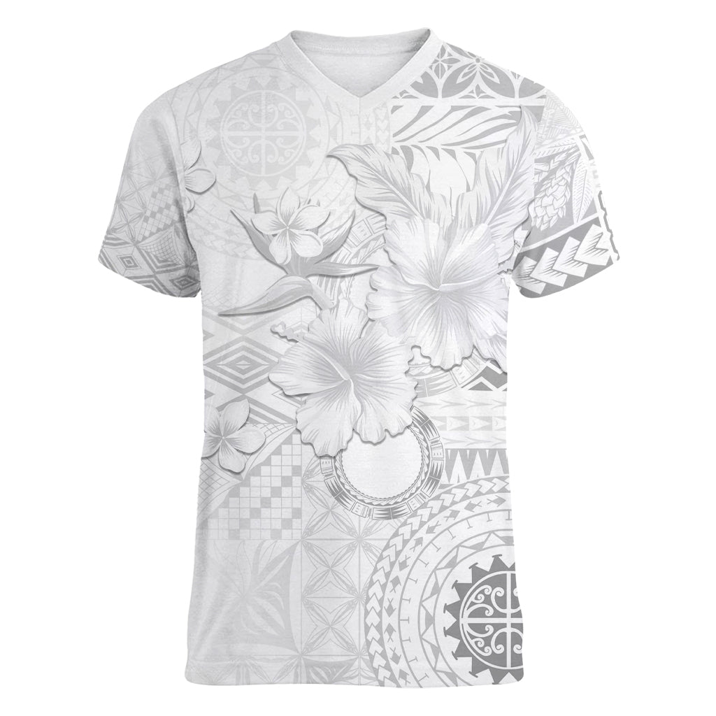 Samoa Siapo Pattern With White Hibiscus Women V Neck T Shirt LT05 Female White - Polynesian Pride