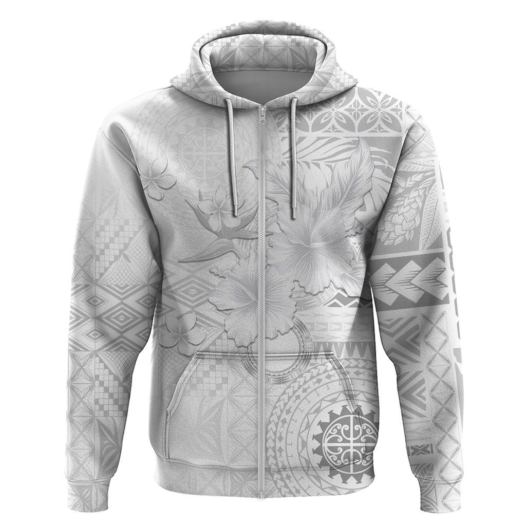 Samoa Siapo Pattern With White Hibiscus Zip Hoodie LT05 Zip Hoodie White - Polynesian Pride