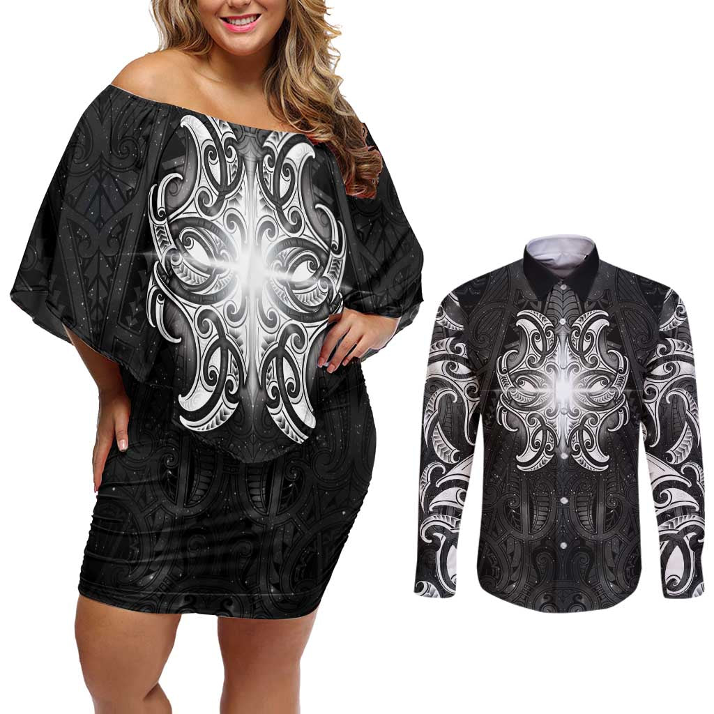 New Zealand Matariki Couples Matching Off Shoulder Short Dress and Long Sleeve Button Shirt Maori Moko Black Galaxy
