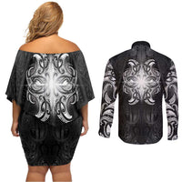 New Zealand Matariki Couples Matching Off Shoulder Short Dress and Long Sleeve Button Shirt Maori Moko Black Galaxy