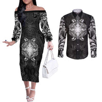 New Zealand Matariki Couples Matching Off The Shoulder Long Sleeve Dress and Long Sleeve Button Shirt Maori Moko Black Galaxy