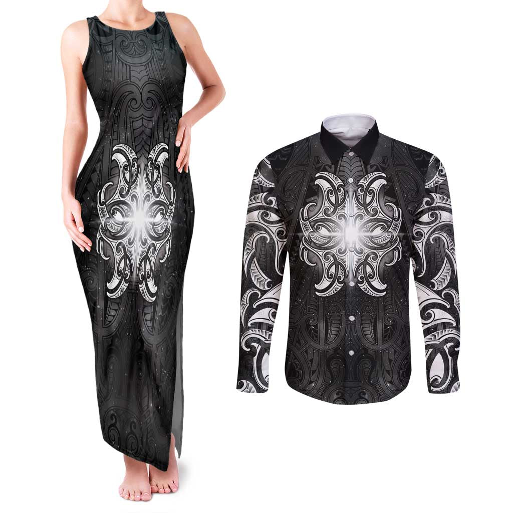 New Zealand Matariki Couples Matching Tank Maxi Dress and Long Sleeve Button Shirt Maori Moko Black Galaxy