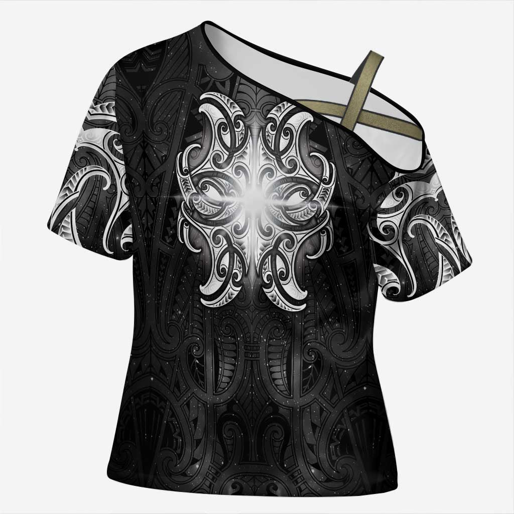 New Zealand Matariki Cross Shoulder Shirt Maori Moko Black Galaxy LT05 Female Black - Polynesian Pride