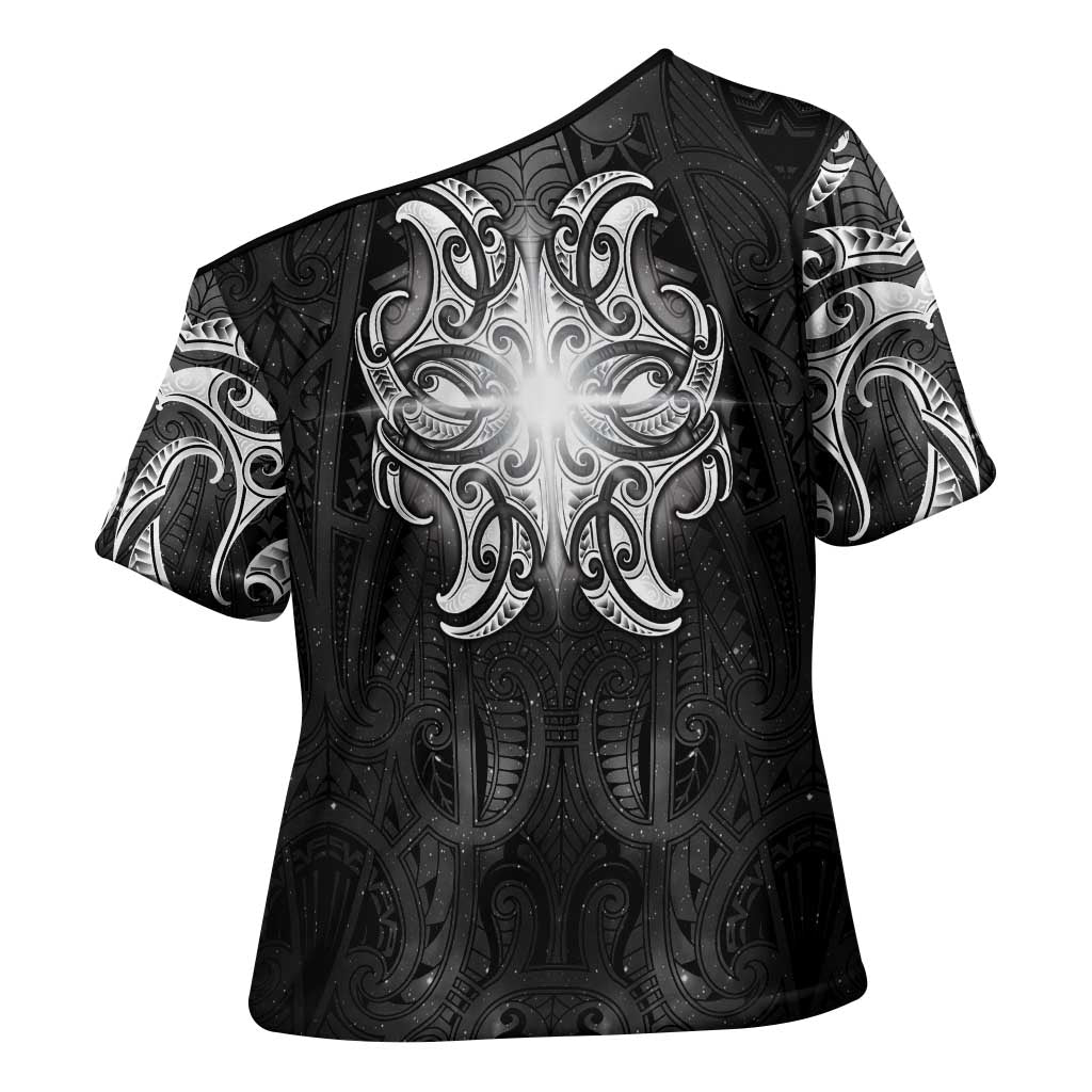 New Zealand Matariki Cross Shoulder Shirt Maori Moko Black Galaxy LT05 - Polynesian Pride