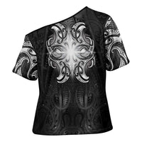 New Zealand Matariki Cross Shoulder Shirt Maori Moko Black Galaxy LT05 - Polynesian Pride