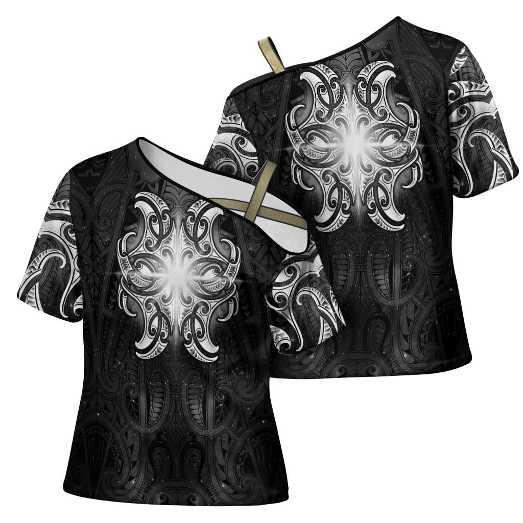 New Zealand Matariki Cross Shoulder Shirt Maori Moko Black Galaxy LT05 - Polynesian Pride