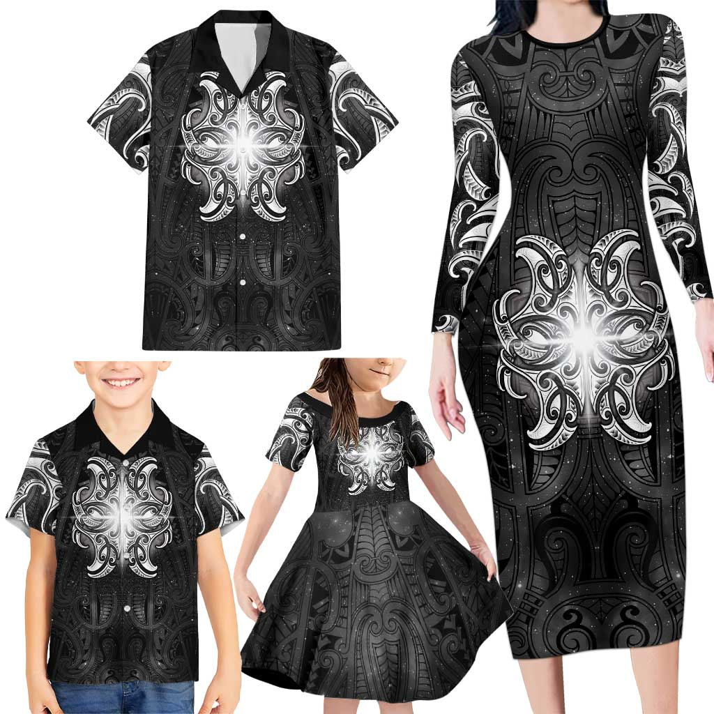 New Zealand Matariki Family Matching Long Sleeve Bodycon Dress and Hawaiian Shirt Maori Moko Black Galaxy LT05 - Polynesian Pride
