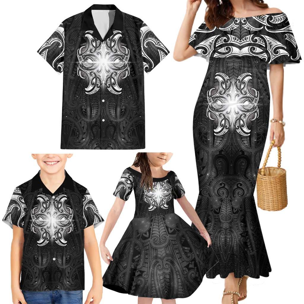 New Zealand Matariki Family Matching Mermaid Dress and Hawaiian Shirt Maori Moko Black Galaxy LT05 - Polynesian Pride