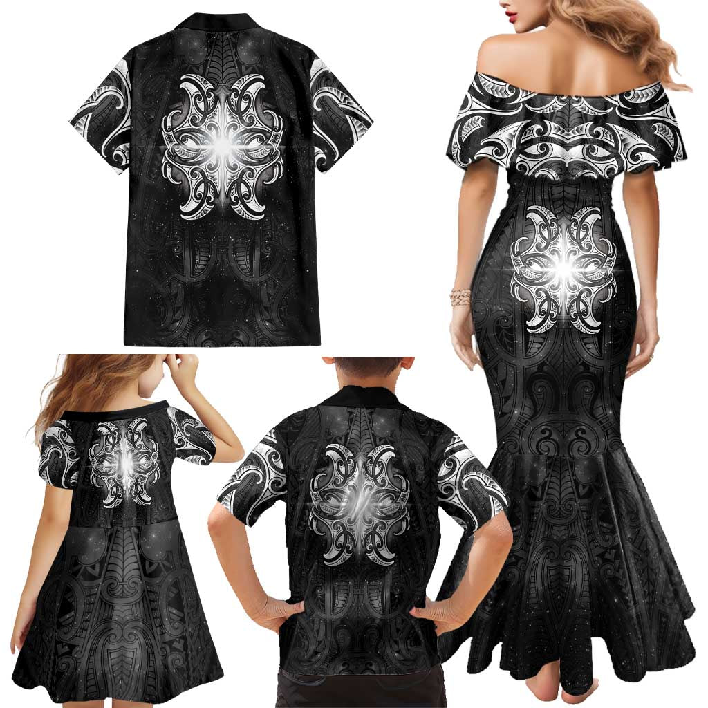 New Zealand Matariki Family Matching Mermaid Dress and Hawaiian Shirt Maori Moko Black Galaxy