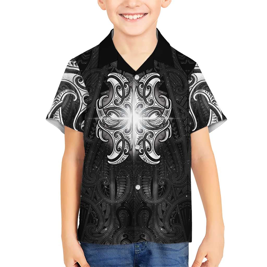 New Zealand Matariki Family Matching Off The Shoulder Long Sleeve Dress and Hawaiian Shirt Maori Moko Black Galaxy