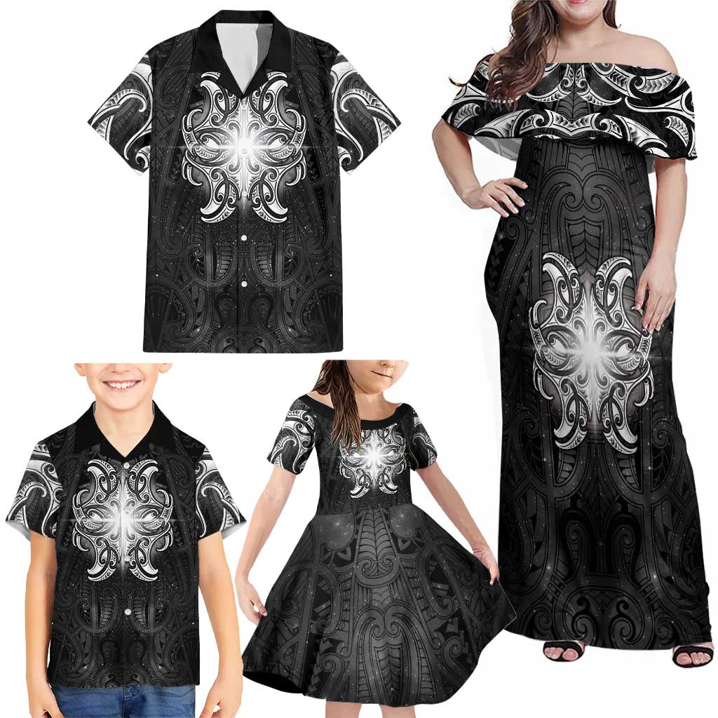 New Zealand Matariki Family Matching Off Shoulder Maxi Dress and Hawaiian Shirt Maori Moko Black Galaxy