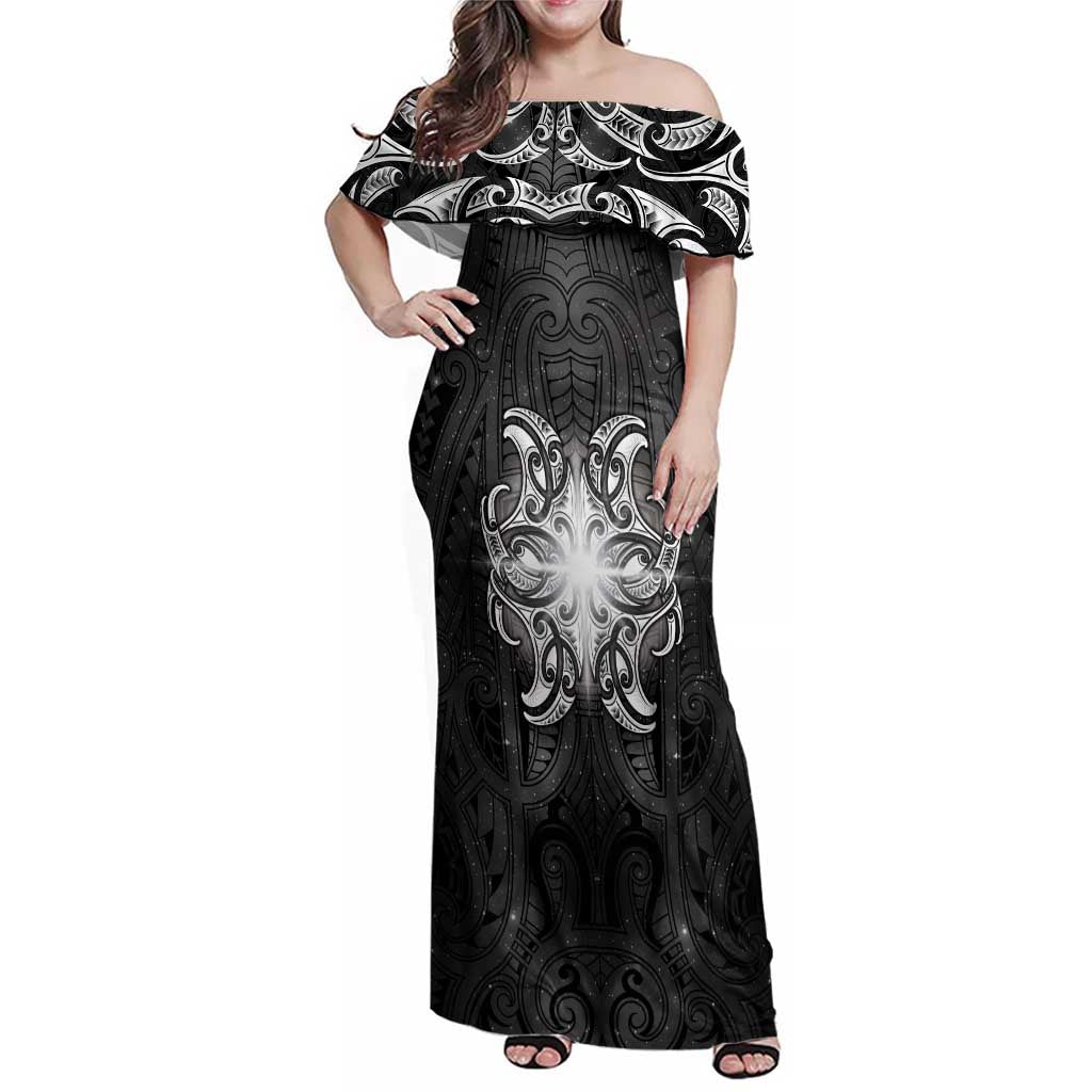 New Zealand Matariki Family Matching Off Shoulder Maxi Dress and Hawaiian Shirt Maori Moko Black Galaxy