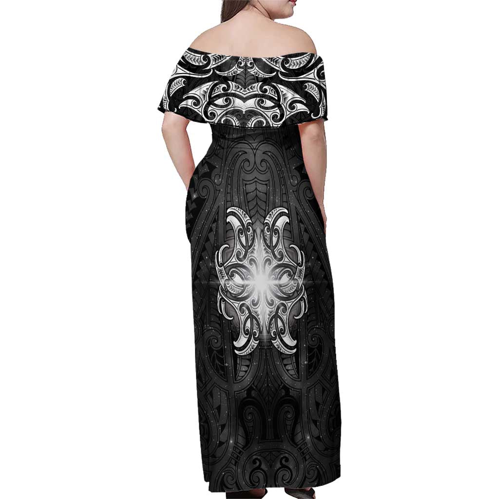 New Zealand Matariki Family Matching Off Shoulder Maxi Dress and Hawaiian Shirt Maori Moko Black Galaxy