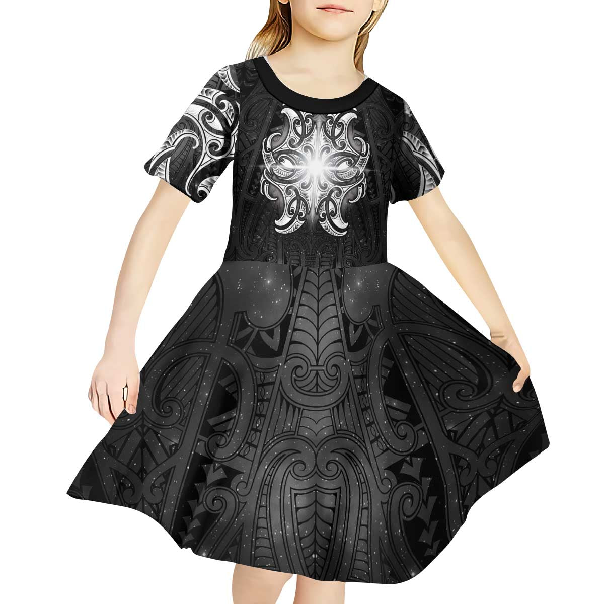 New Zealand Matariki Kid Short Sleeve Dress Maori Moko Black Galaxy LT05 - Polynesian Pride