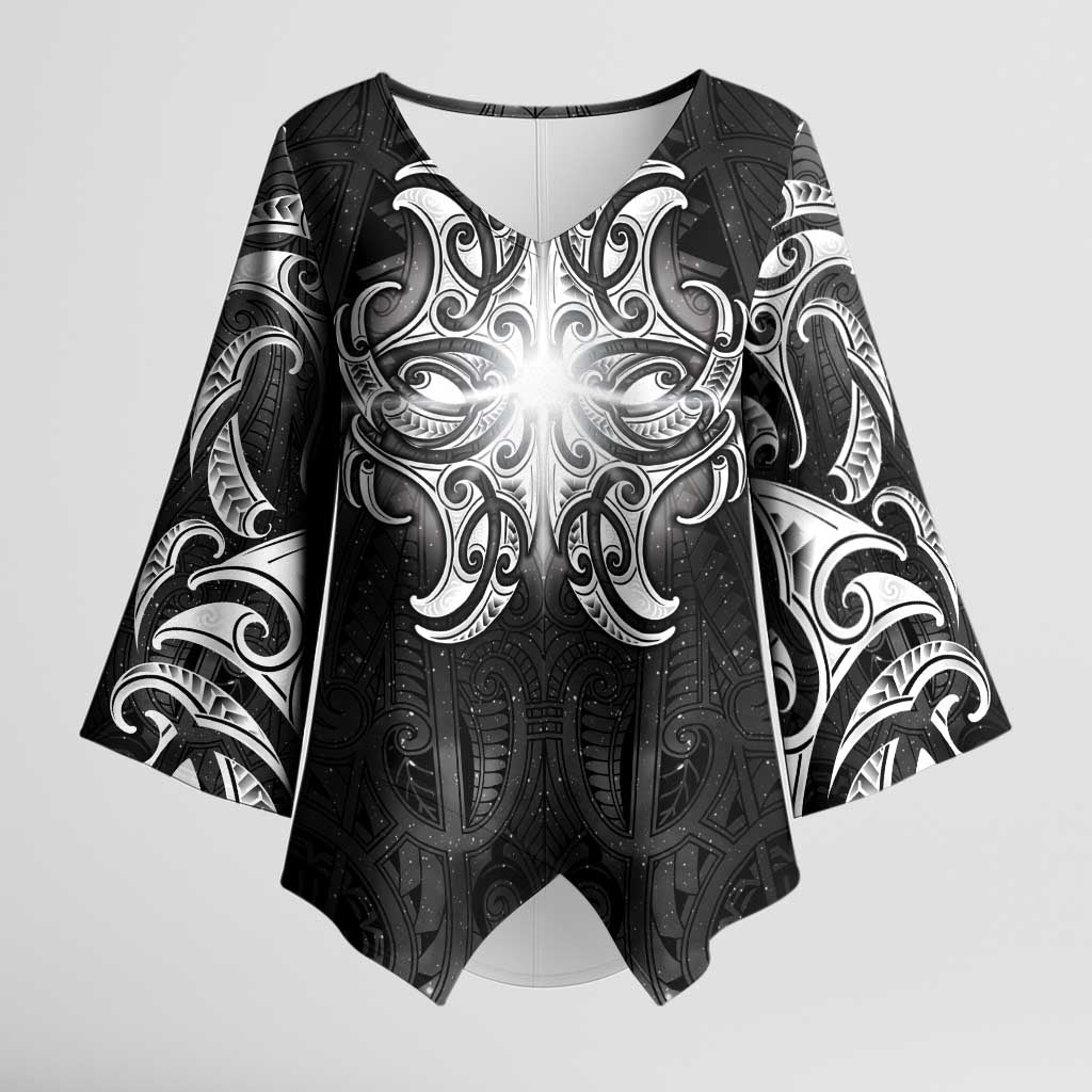 New Zealand Matariki Kimono Sleeve Blouse Maori Moko Black Galaxy LT05 Female Black - Polynesian Pride