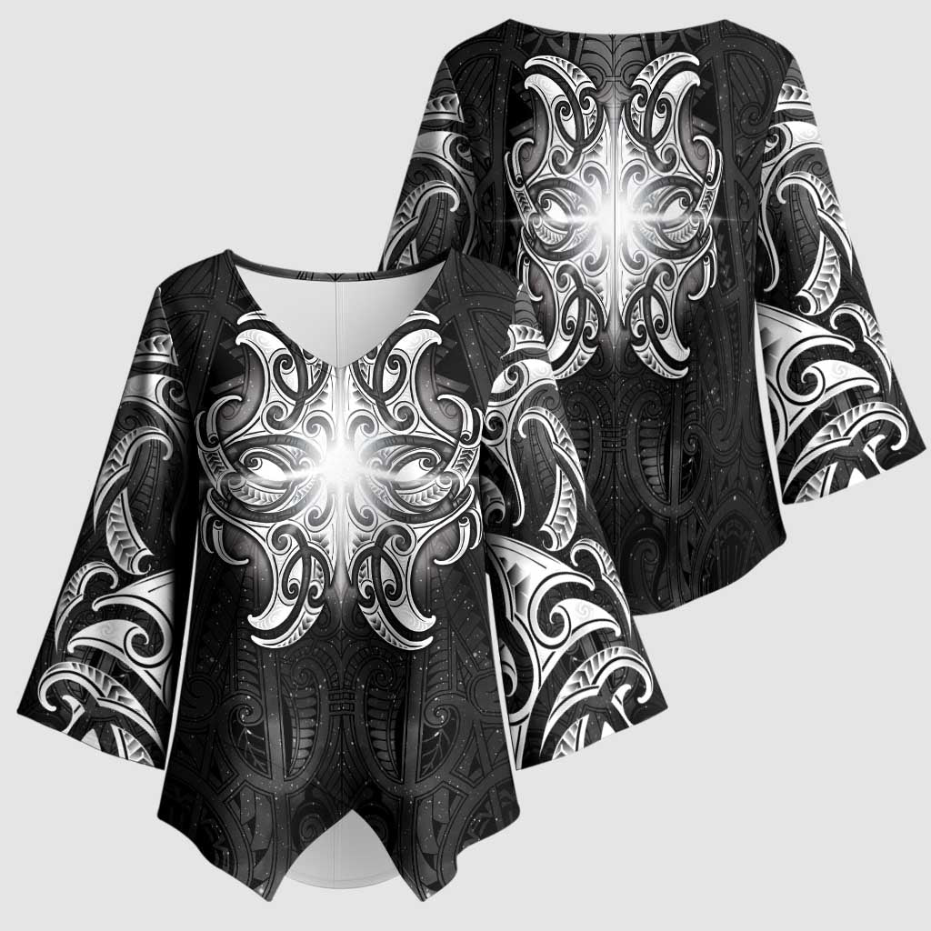 New Zealand Matariki Kimono Sleeve Blouse Maori Moko Black Galaxy LT05 - Polynesian Pride