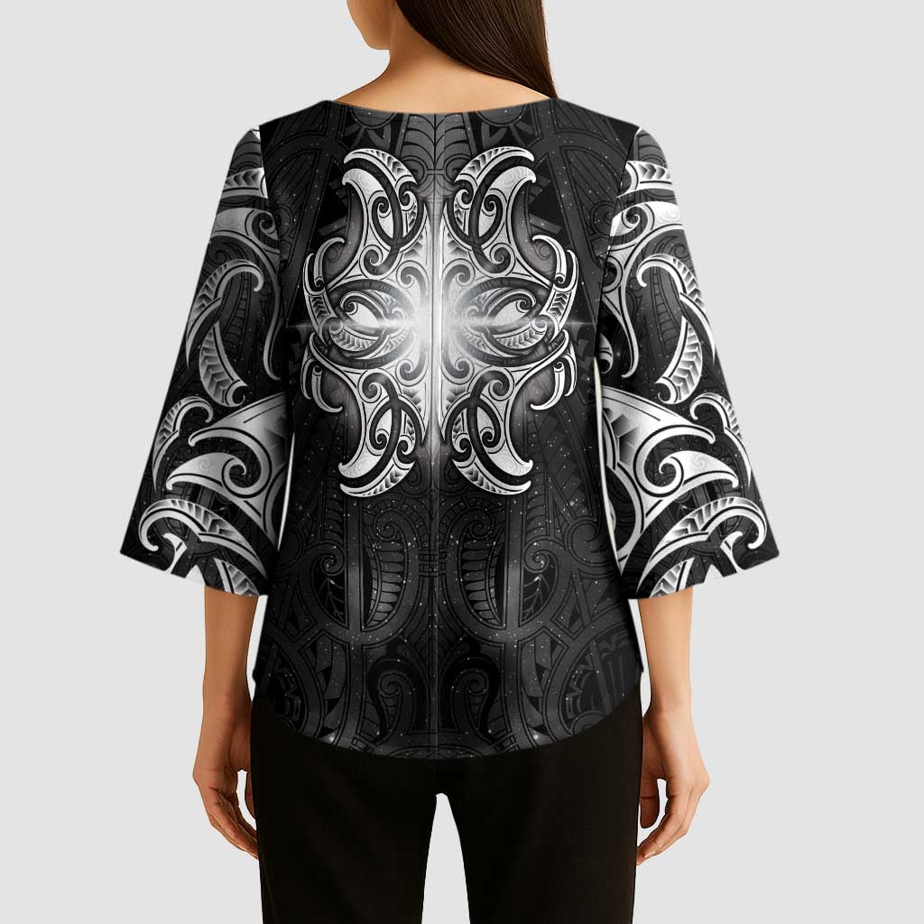 New Zealand Matariki Kimono Sleeve Blouse Maori Moko Black Galaxy LT05 - Polynesian Pride