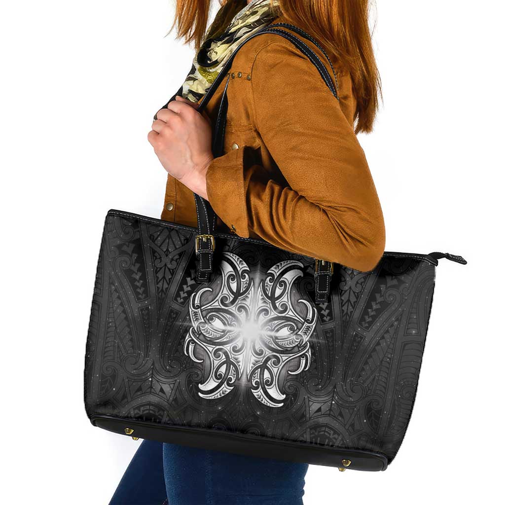 New Zealand Matariki Leather Tote Bag Maori Moko Black Galaxy LT05 Black - Polynesian Pride