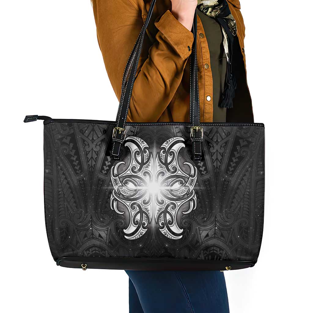 New Zealand Matariki Leather Tote Bag Maori Moko Black Galaxy LT05 - Polynesian Pride