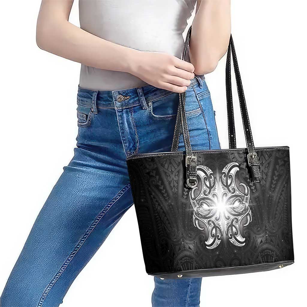 New Zealand Matariki Leather Tote Bag Maori Moko Black Galaxy LT05 - Polynesian Pride